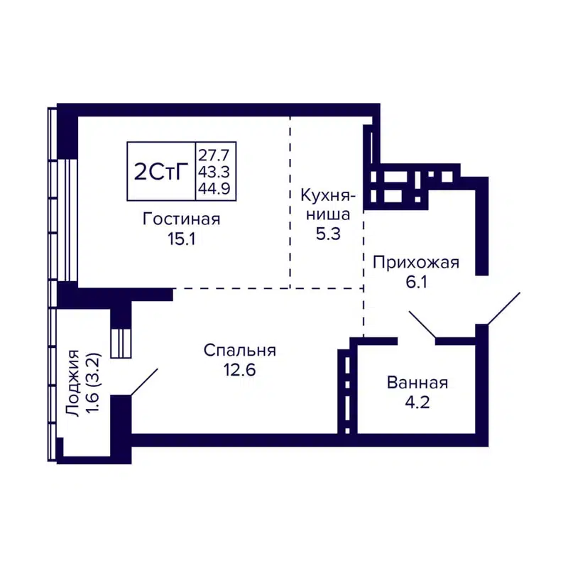 2-комнатная квартира 44.9 м² Grando