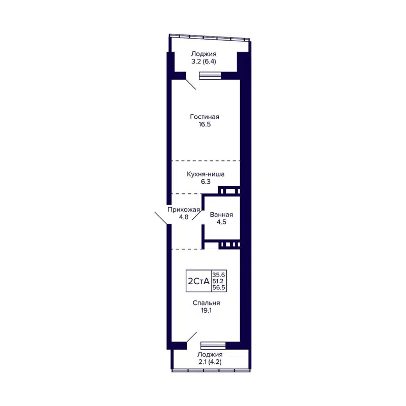2-комнатная квартира 56.5 м² Grando