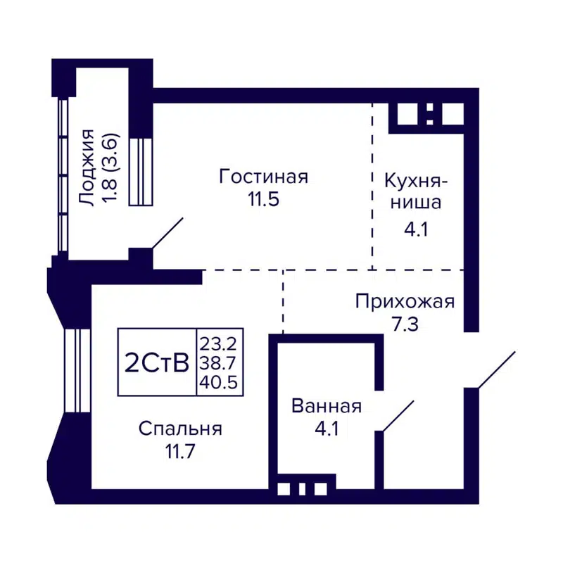 2-комнатная квартира 40.5 м² Grando