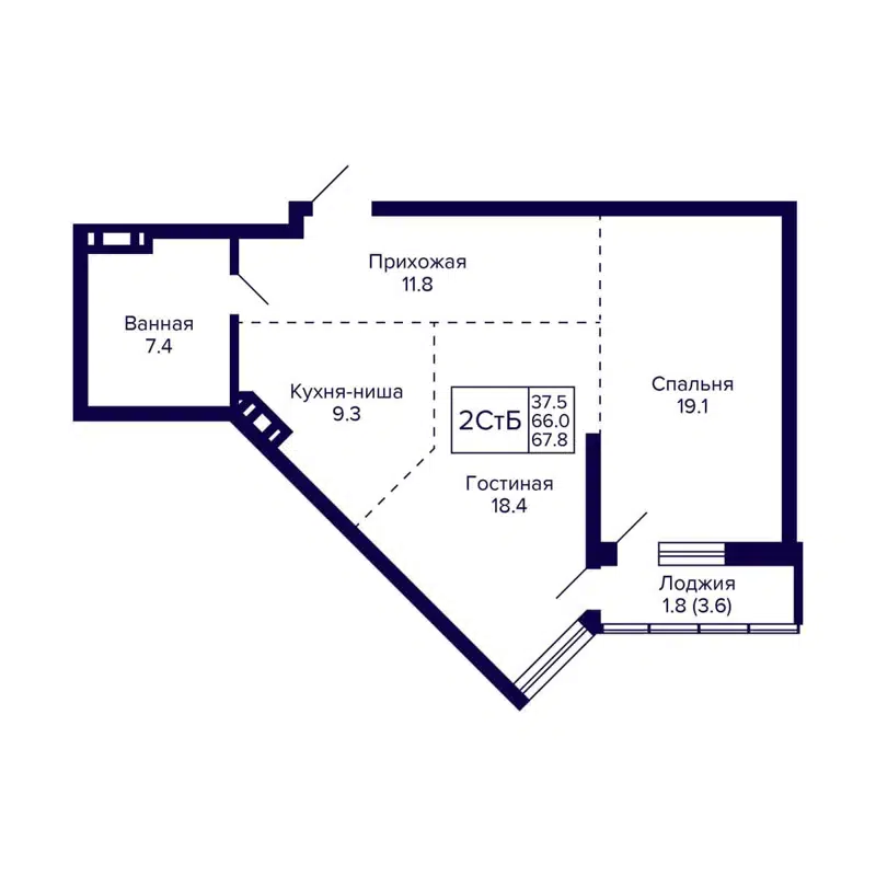 2-комнатная квартира 67.8 м² Grando