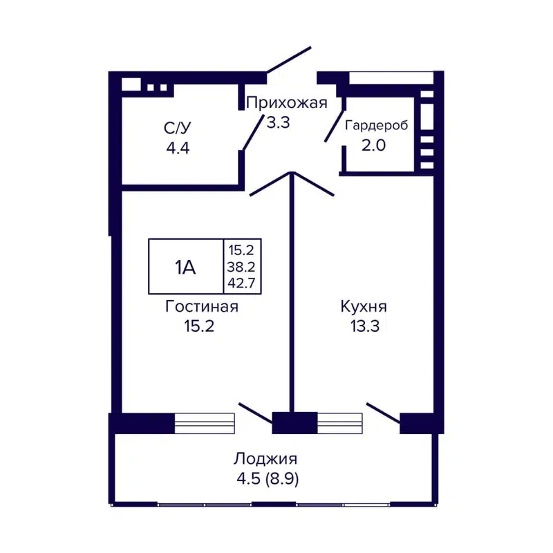 1-комнатная квартира 42.7 м² Luna