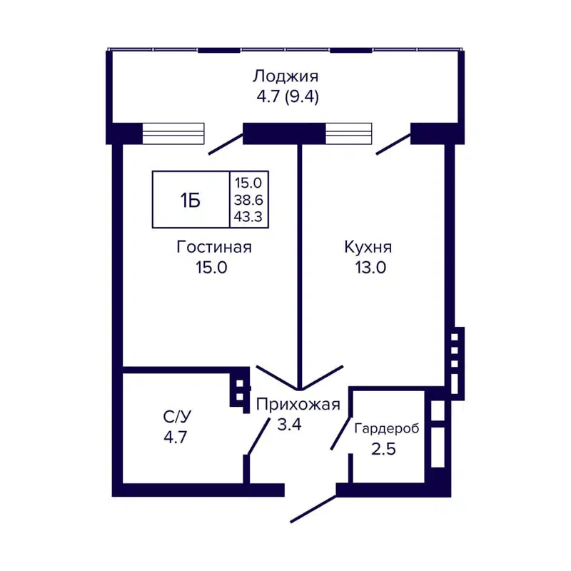 1-комнатная квартира 43.3 м² Luna