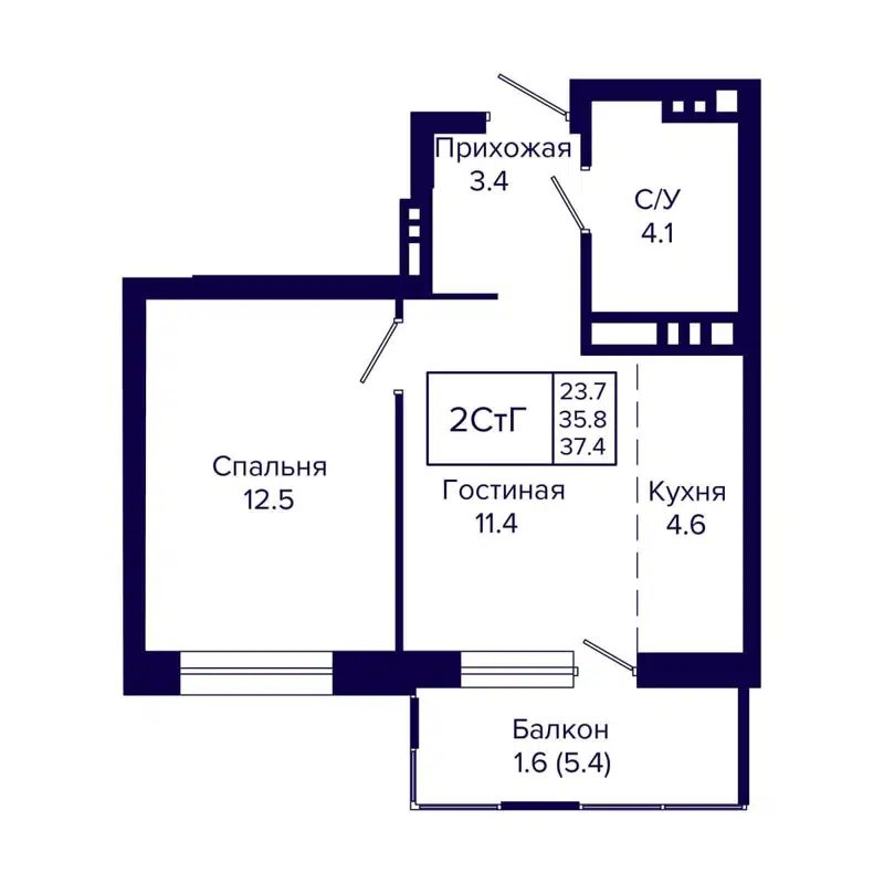 2-комнатная квартира 37.4 м² Luna