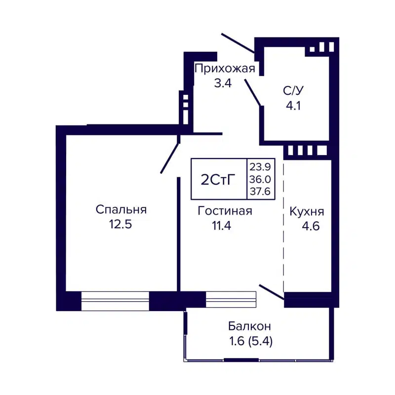 2-комнатная квартира 37.6 м² Luna