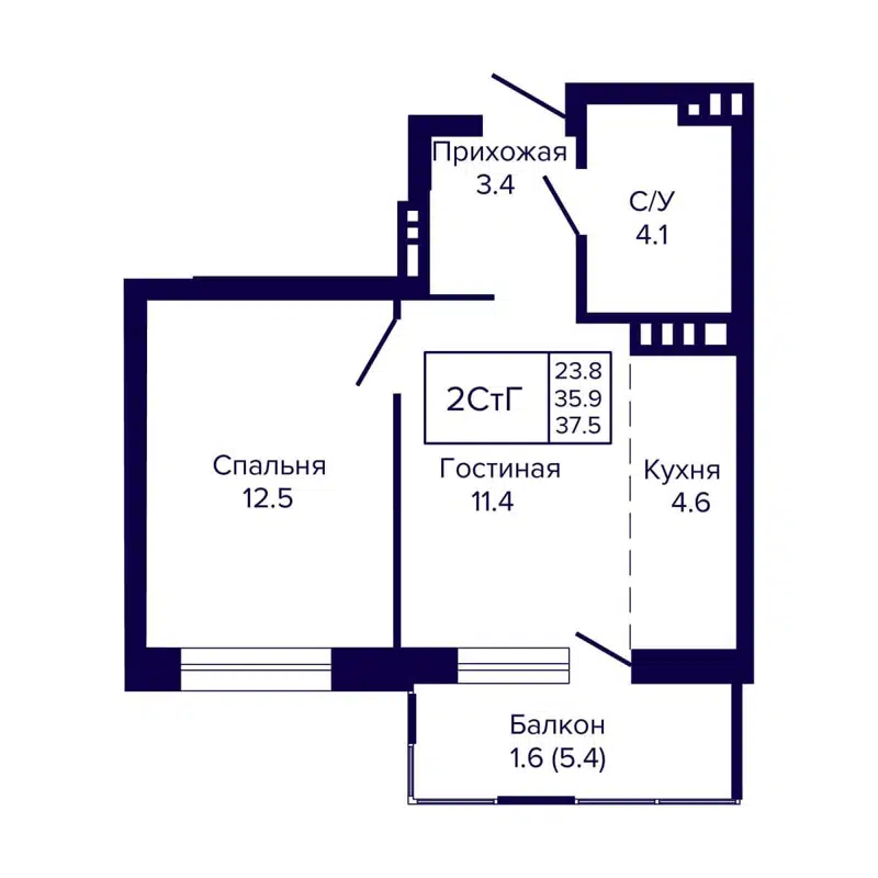 2-комнатная квартира 37.5 м² Luna
