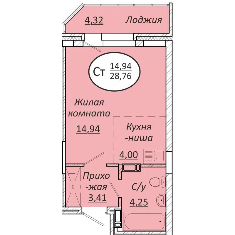 Студия 28.76 м² Пролетарский