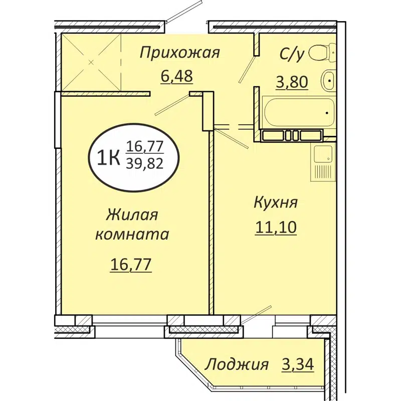 1-комнатная квартира 39.82 м² Пролетарский