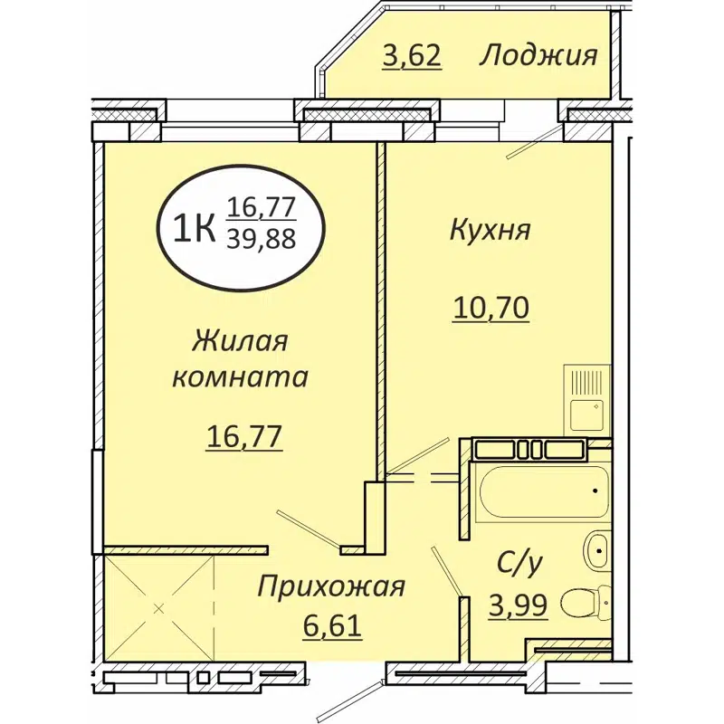 1-комнатная квартира 39.88 м² Пролетарский