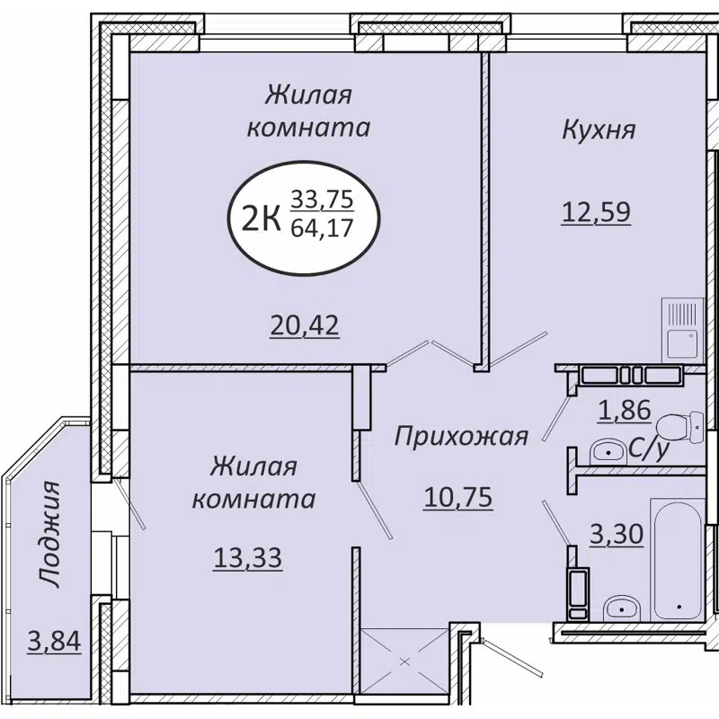 2-комнатная квартира 64.17 м² Пролетарский