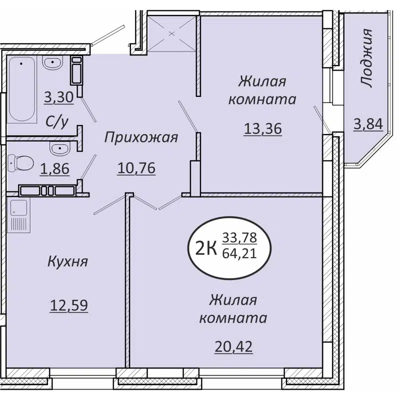 2-комнатная квартира 64.21 м² Пролетарский