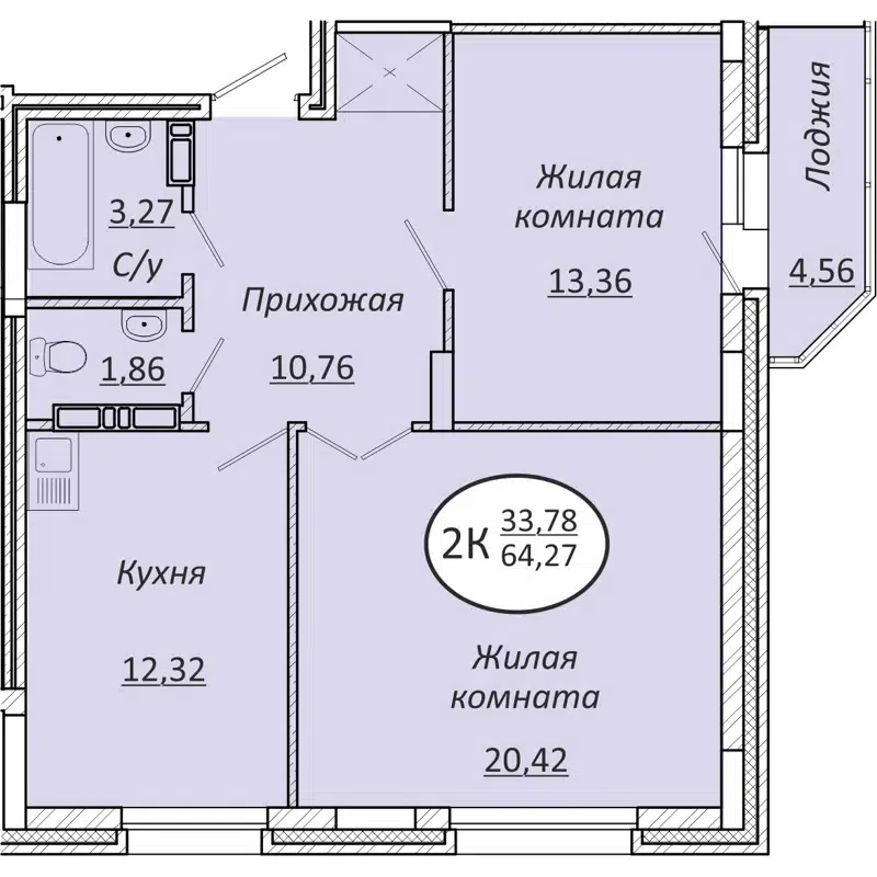 2-комнатная квартира 64.27 м² Пролетарский