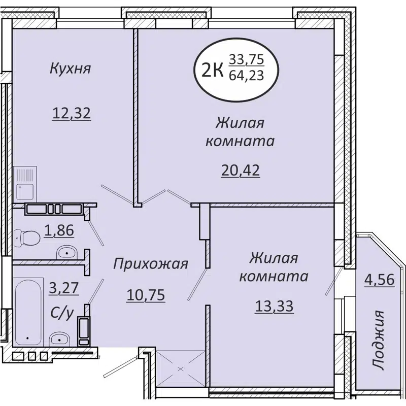 2-комнатная квартира 64.23 м² Пролетарский