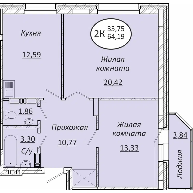 2-комнатная квартира 64.19 м² Пролетарский
