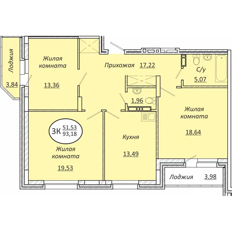 3-комнатная квартира 93.18 м² Пролетарский