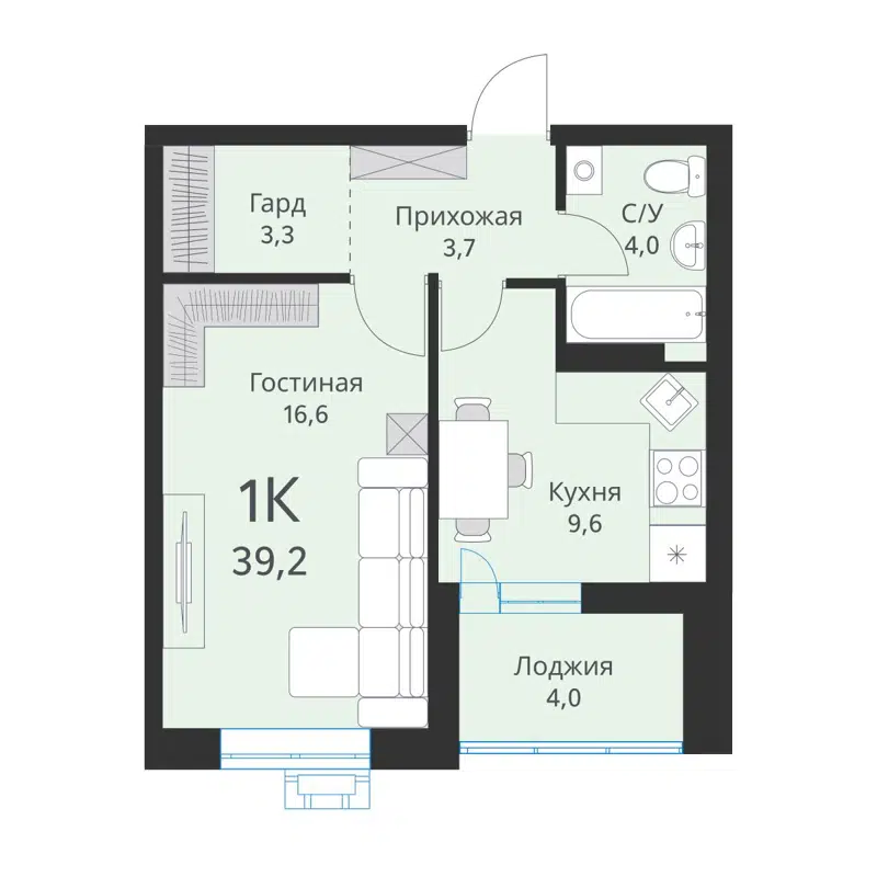 1-комнатная квартира 39.2 м² Ежевика