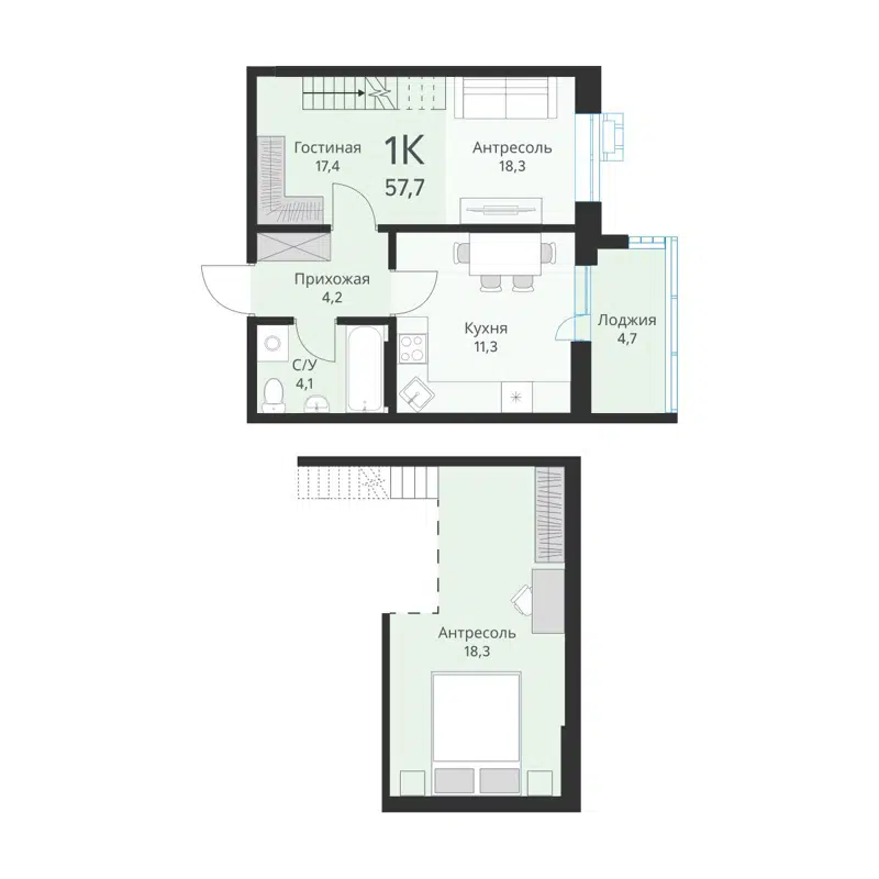 1-комнатная квартира 57.7 м² Ежевика