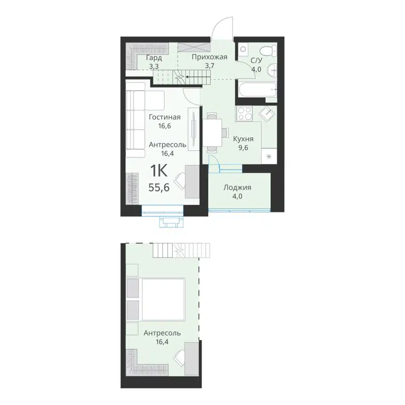 1-комнатная квартира 55.6 м² Ежевика