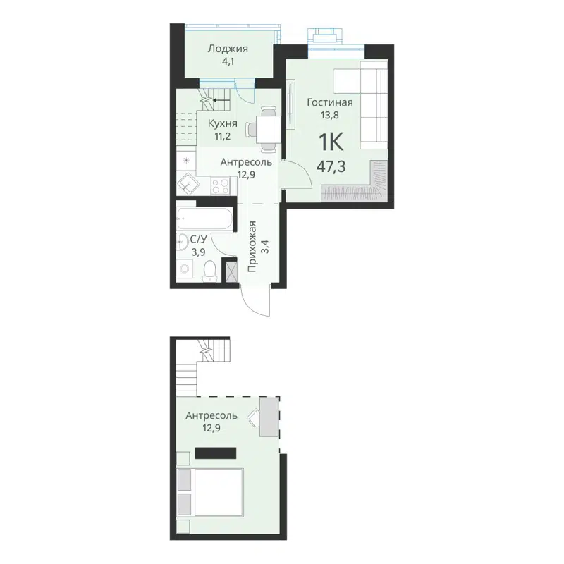 1-комнатная квартира 47.3 м² Ежевика