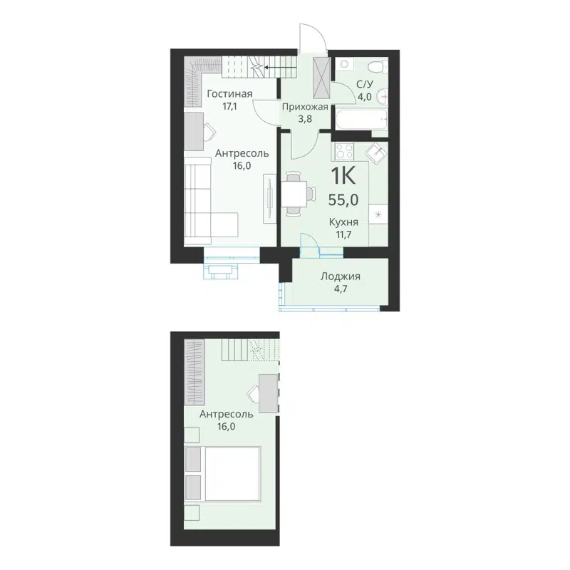 1-комнатная квартира 55 м² Ежевика