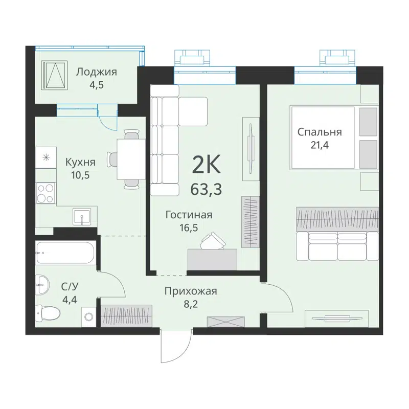 2-комнатная квартира 63.3 м² Ежевика