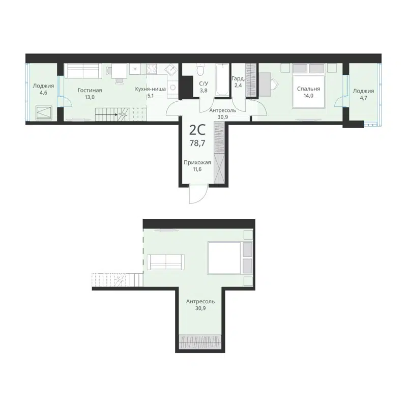 2-комнатная квартира 78.7 м² Ежевика
