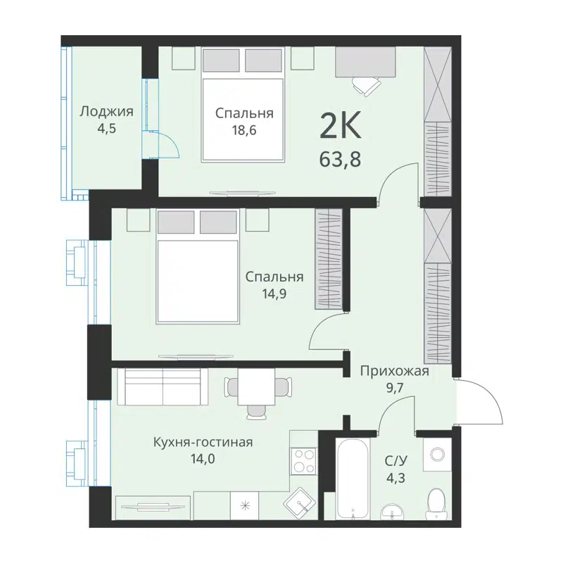 2-комнатная квартира 63.8 м² Ежевика