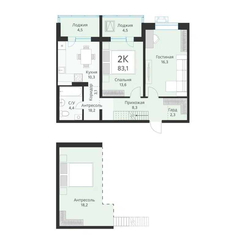 2-комнатная квартира 83.1 м² Ежевика