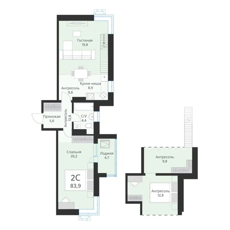 2-комнатная квартира 83.9 м² Ежевика