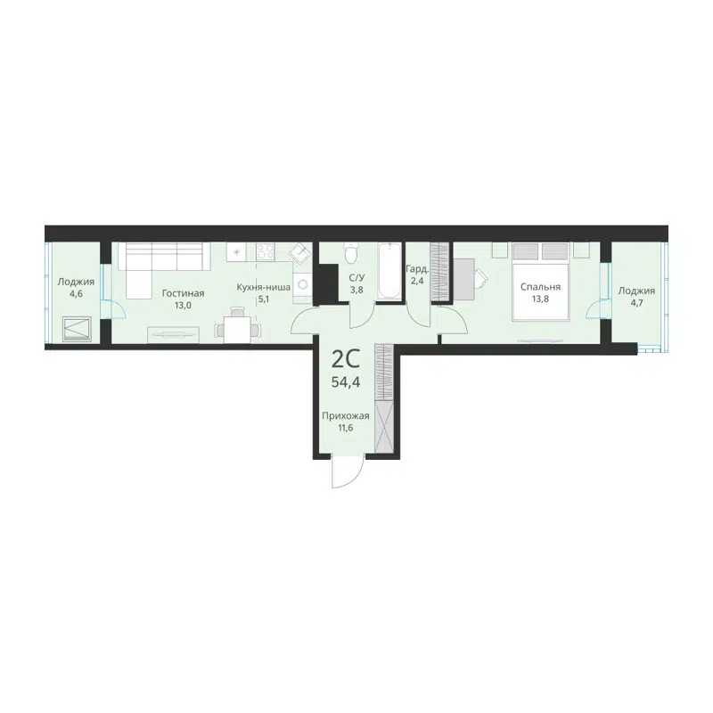 2-комнатная квартира 54.4 м² Ежевика