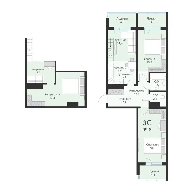 3-комнатная квартира 99.8 м² Ежевика