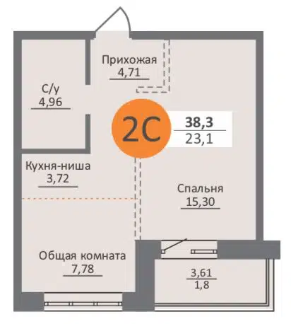 Студия 36.3 м² Облака 2
