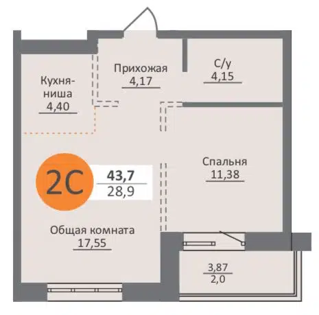 Студия 41.7 м² Облака 2