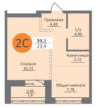 Студия 37.4 м² Облака 2
