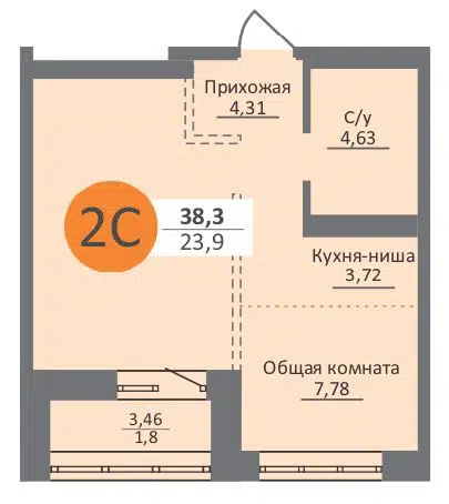 Студия 36.4 м² Облака 2