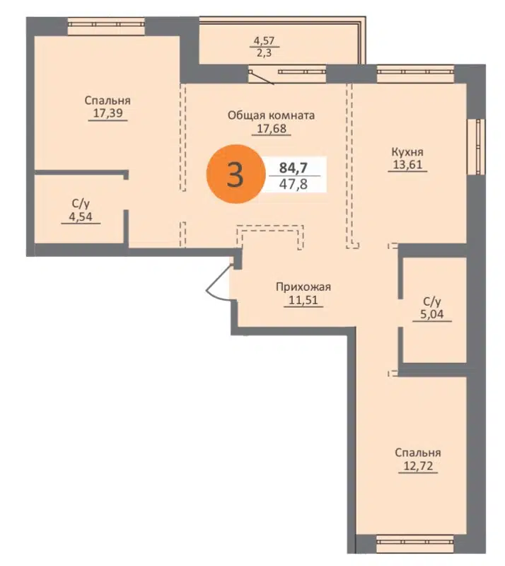 3-комнатная квартира 81.7 м² Облака 2