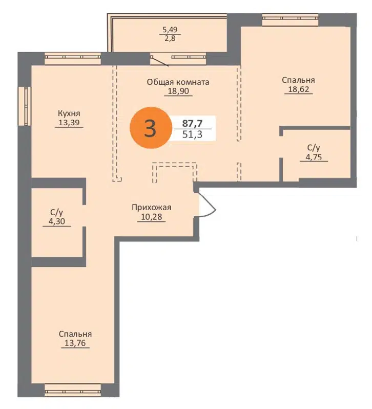 3-комнатная квартира 84.8 м² Облака 2