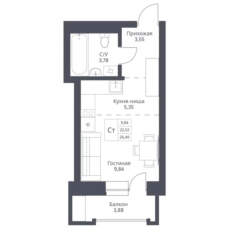 Студия 26.4 м² Актив
