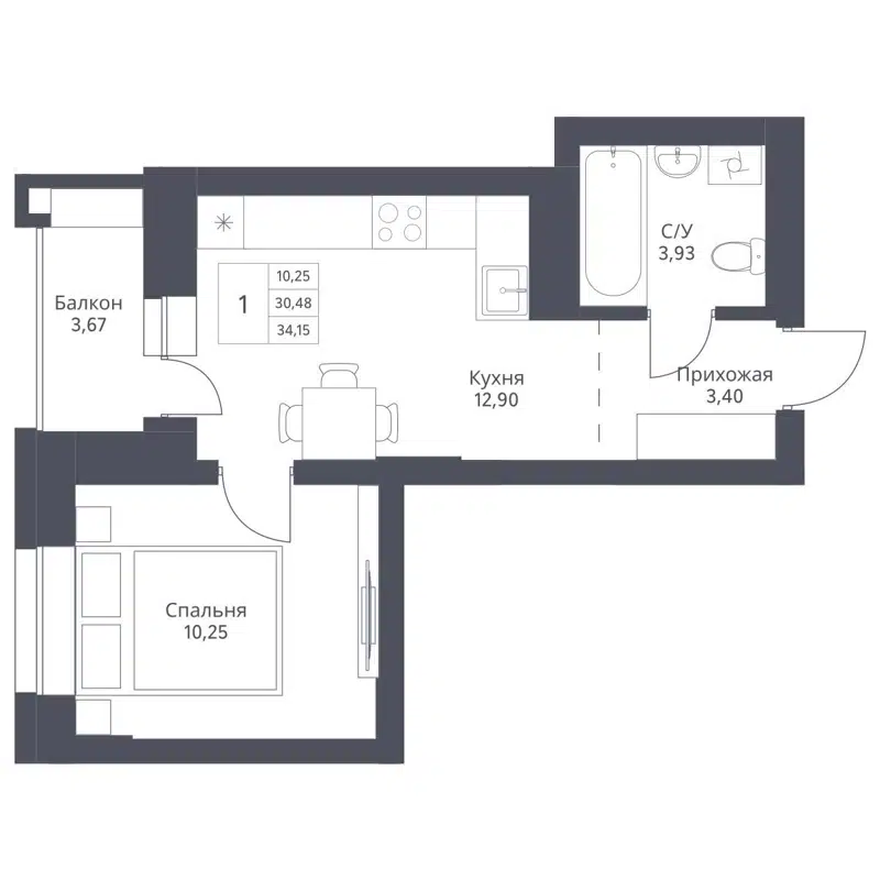 1-комнатная квартира 34.15 м² Актив