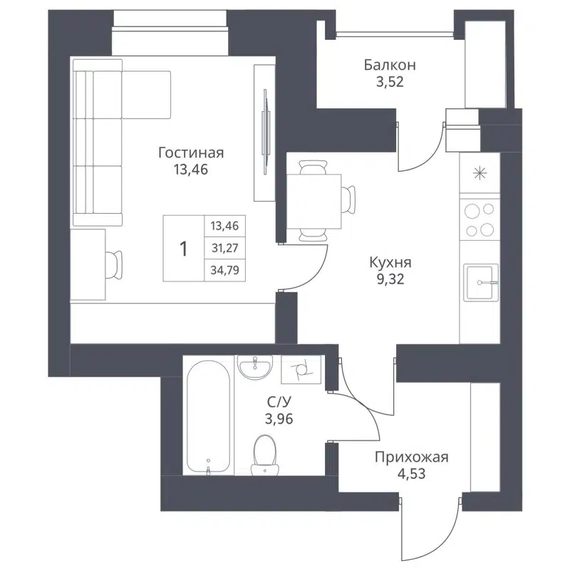 1-комнатная квартира 34.79 м² Актив