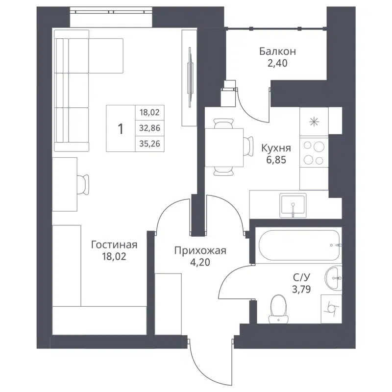 1-комнатная квартира 35.26 м² Актив