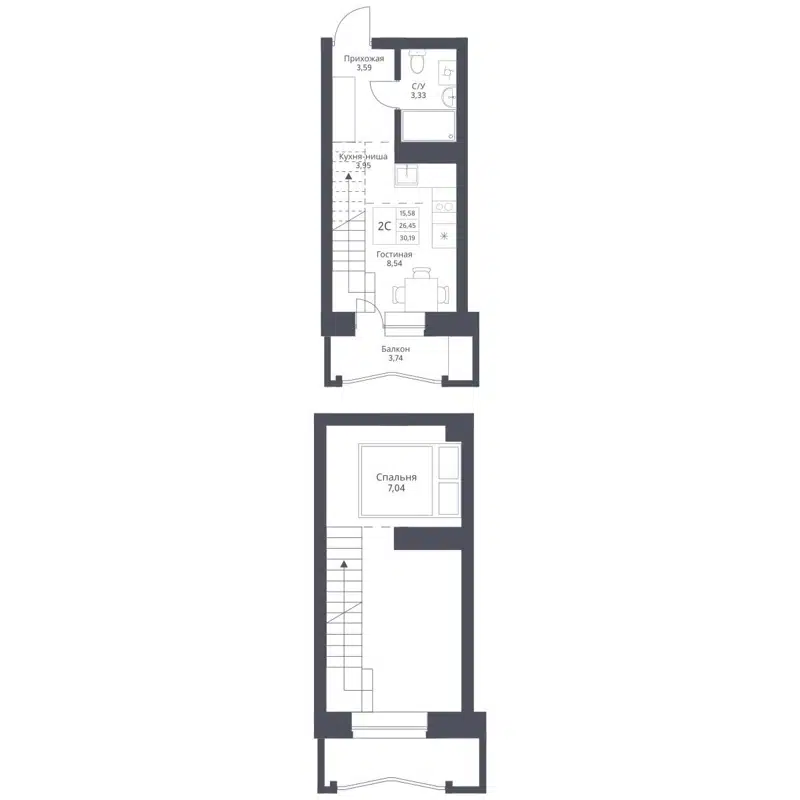 2-комнатная квартира 30.19 м² Актив