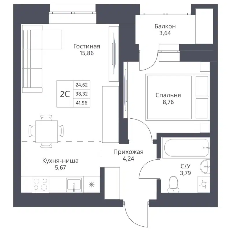 2-комнатная квартира 41.96 м² Актив