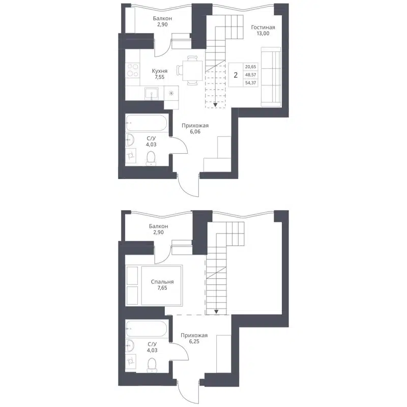 2-комнатная квартира 54.37 м² Актив