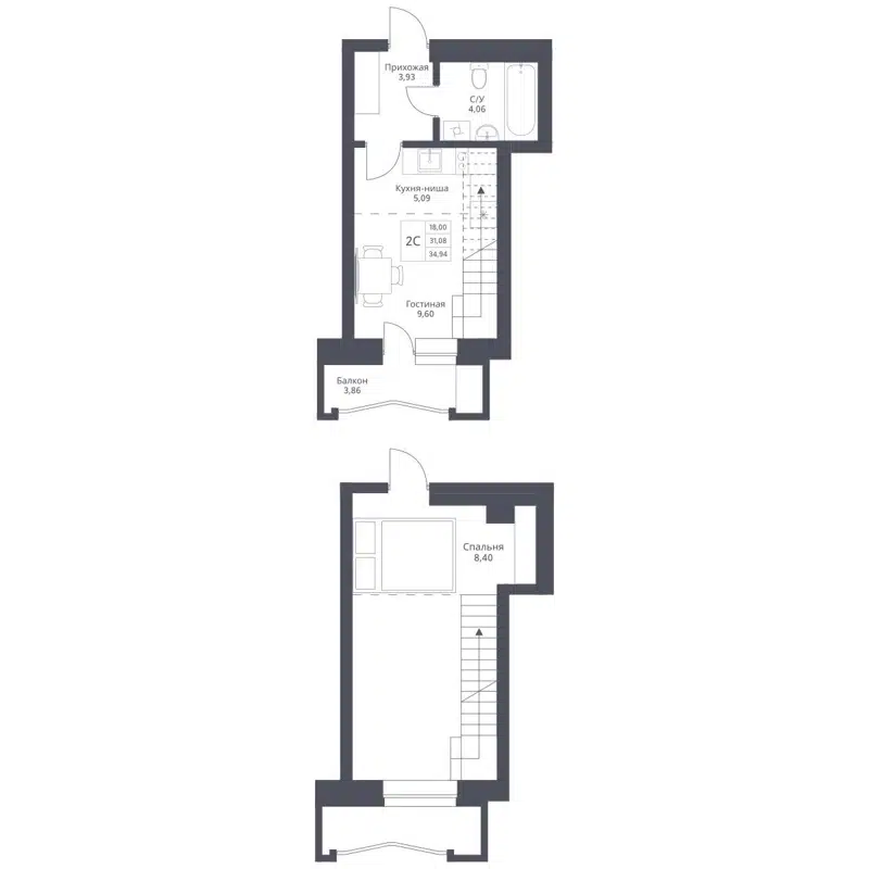2-комнатная квартира 34.94 м² Актив