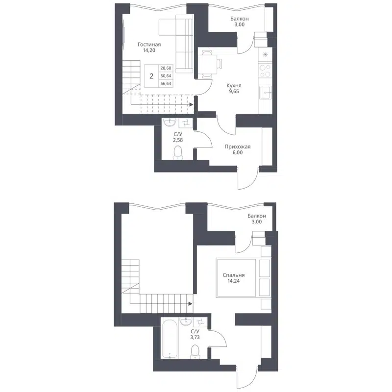 2-комнатная квартира 56.64 м² Актив