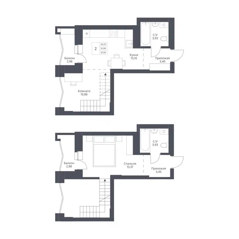 2-комнатная квартира 57.95 м² Актив
