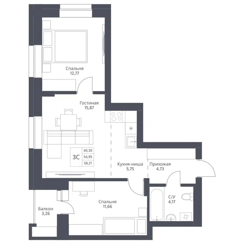 3-комнатная квартира 58.21 м² Актив