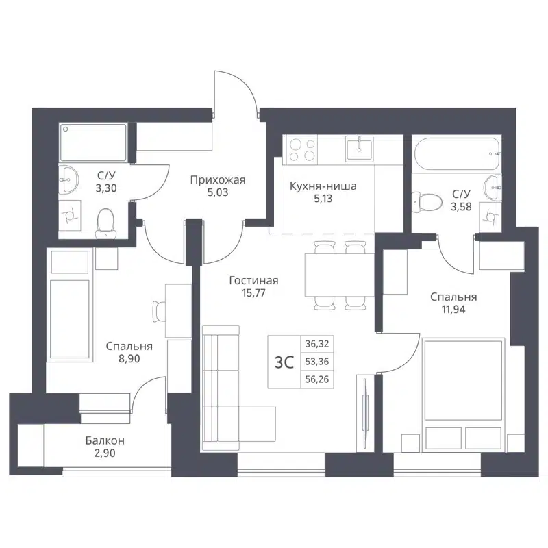 3-комнатная квартира 56.26 м² Актив
