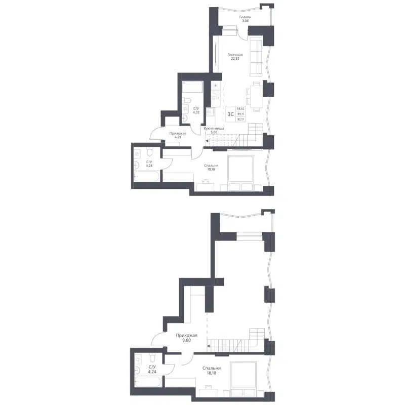 3-комнатная квартира 92.17 м² Актив