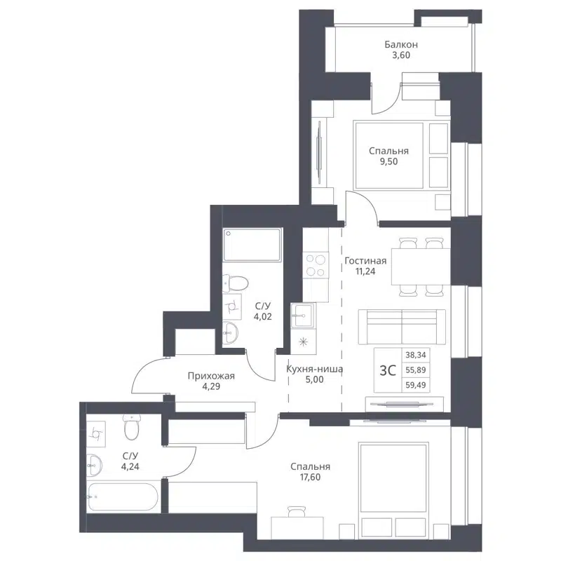 3-комнатная квартира 59.49 м² Актив
